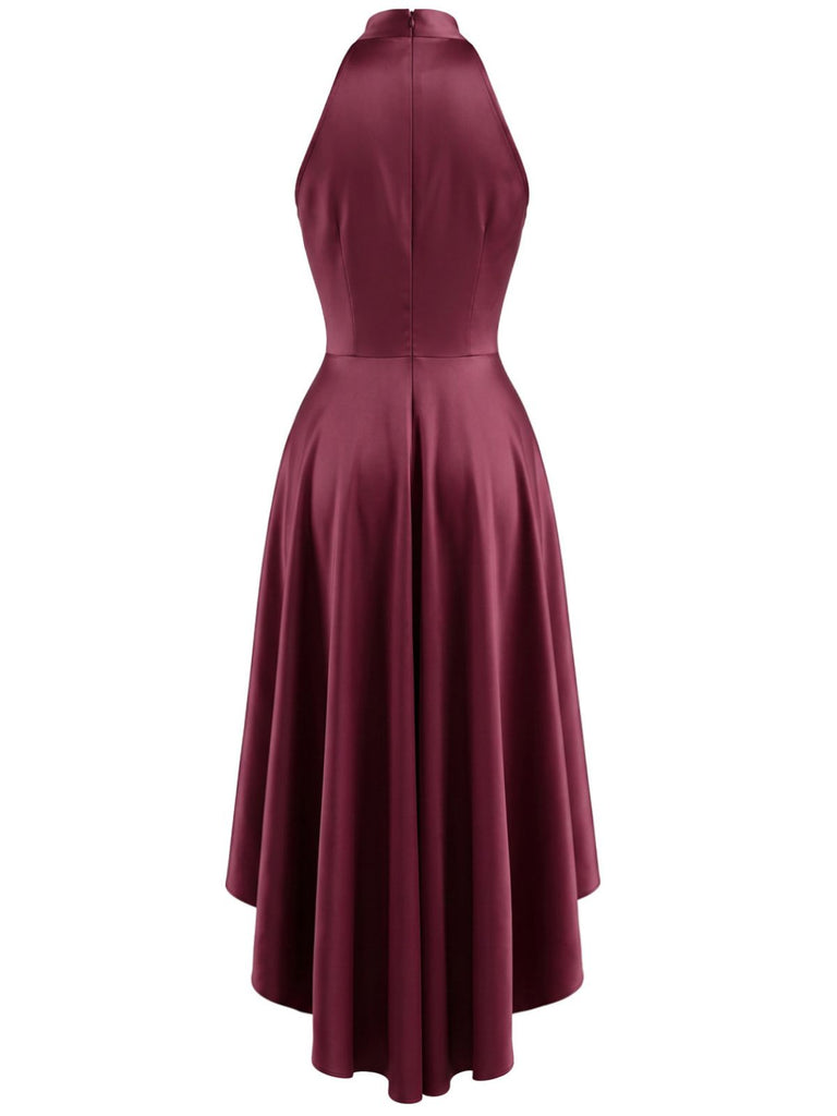 Abito Rosso Anni '50 in Raso con Scollo All'americana a V Fiocco in Vita e Orlo Asimmetrico 3
