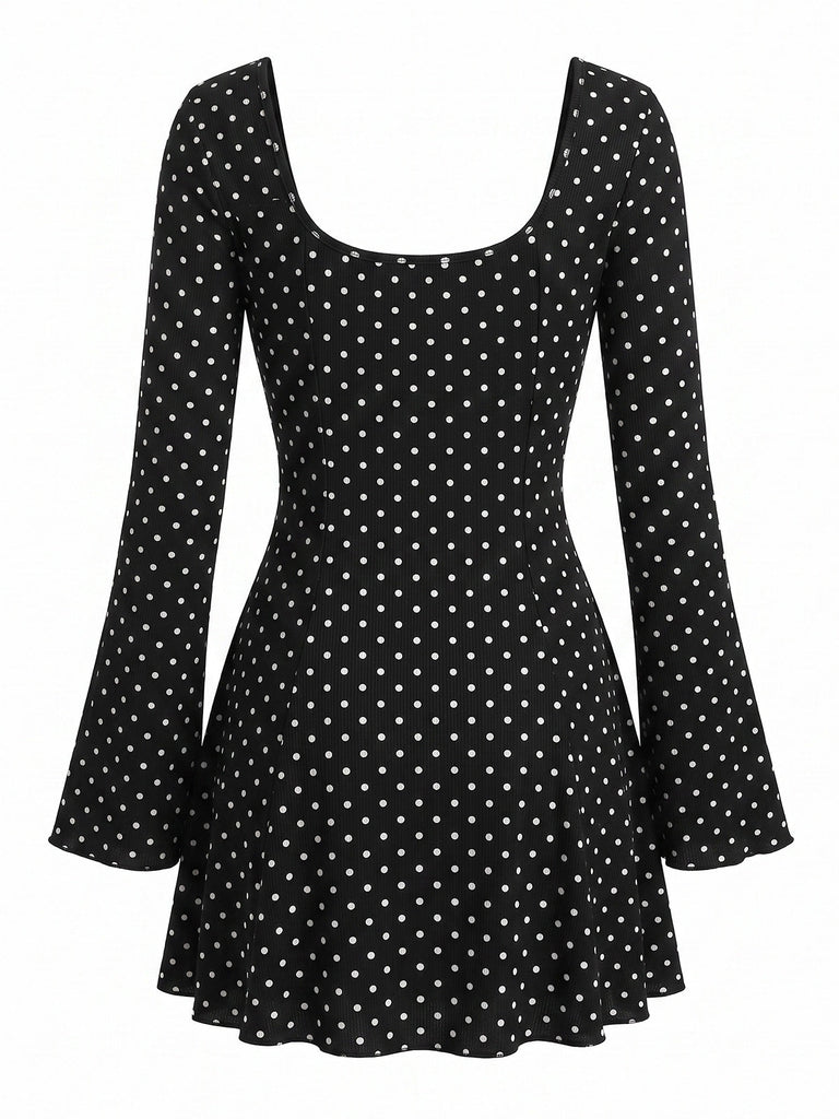 Miniabito Nero Anni '60 a Pois in Pizzo a Costine con Scollo a V e Maniche a Campana 3