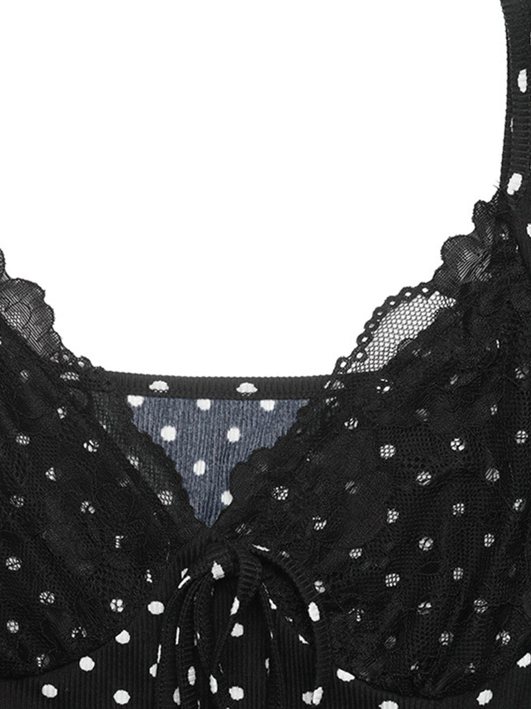 Miniabito Nero Anni '60 a Pois in Pizzo a Costine con Scollo a V e Maniche a Campana 7