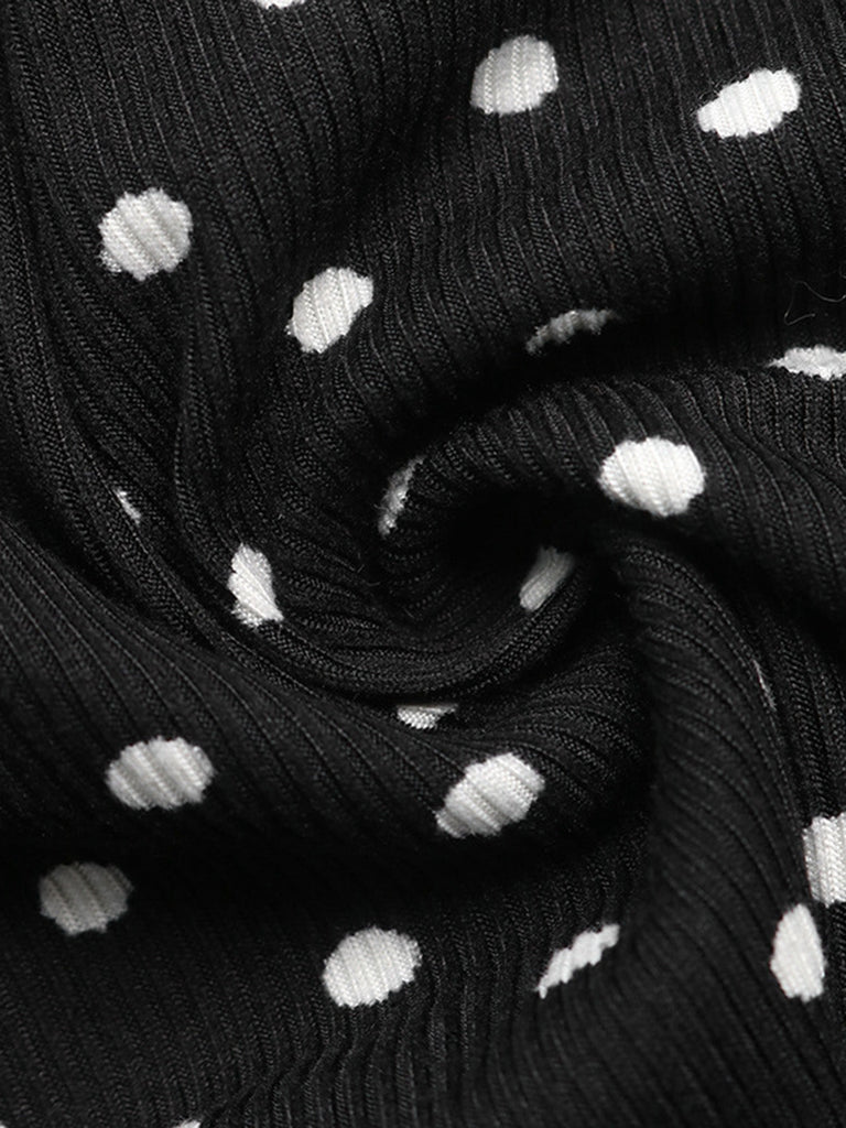 Miniabito Nero Anni '60 a Pois in Pizzo a Costine con Scollo a V e Maniche a Campana 8