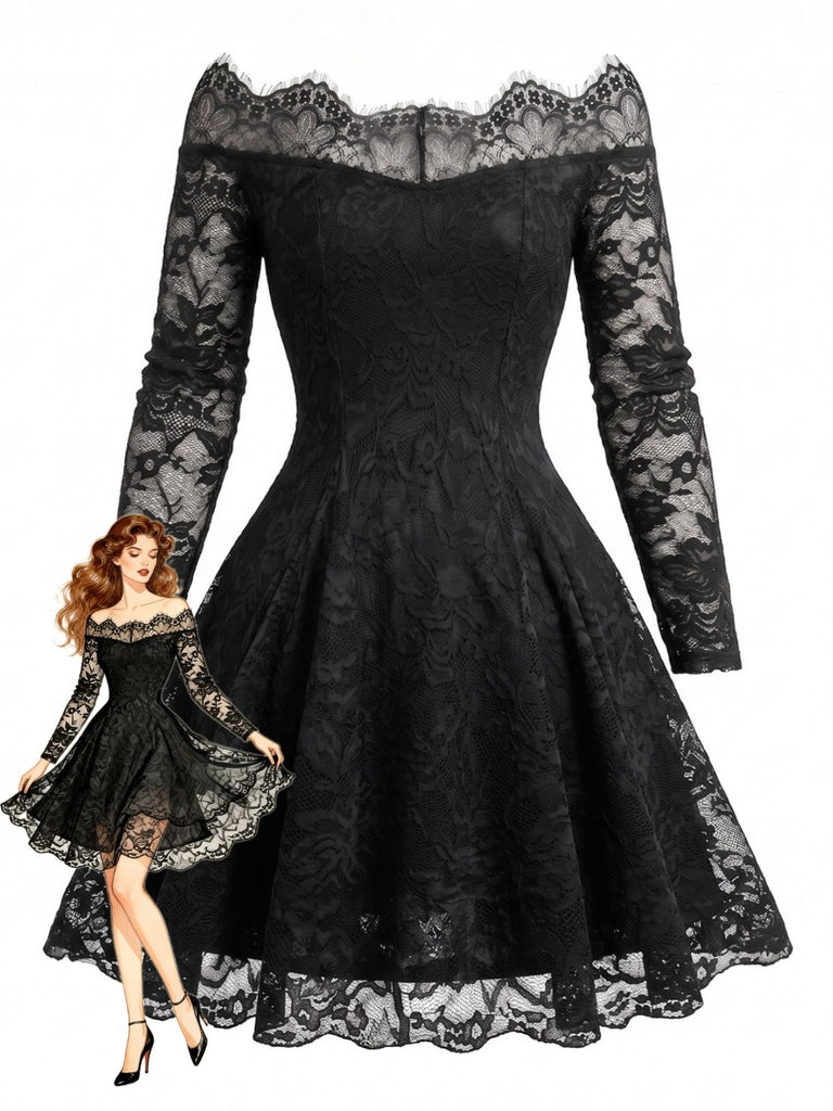 Abito Nero Anni '50 Spalle Scoperte in Pizzo Floreale Illusion