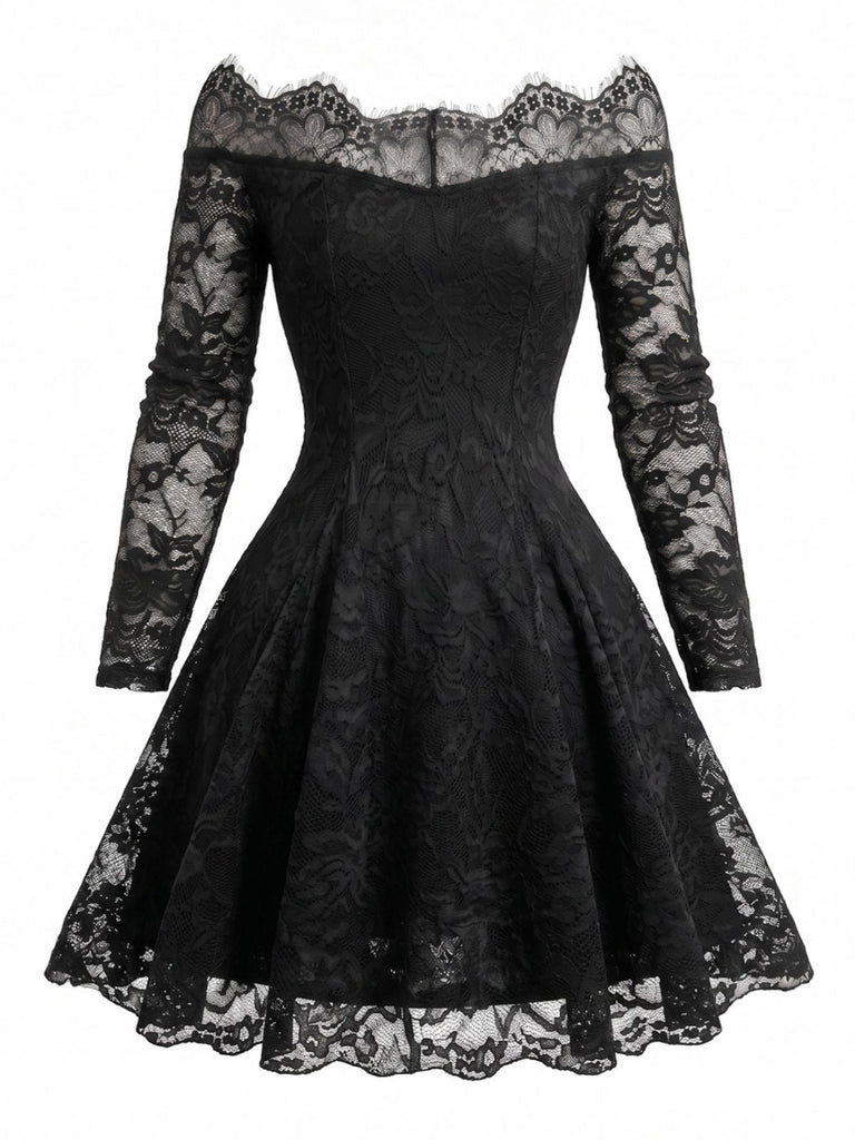 Abito Nero Anni '50 Spalle Scoperte in Pizzo Floreale Illusion 2