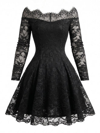 Abito Nero Anni '50 Spalle Scoperte in Pizzo Floreale Illusion 2