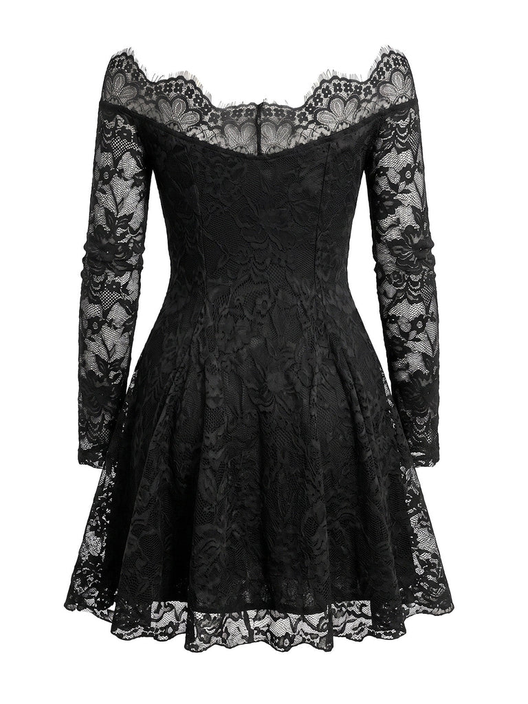 Abito Nero Anni '50 Spalle Scoperte in Pizzo Floreale Illusion 3