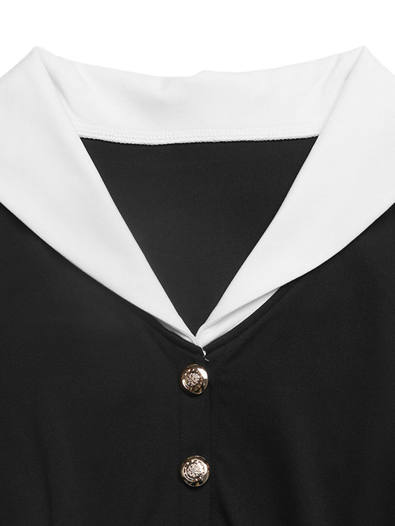 Abito anni '50 nero e bianco con revers e scollo a V e maniche lunghe 7