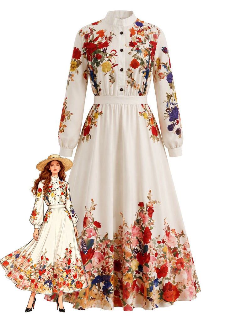 Abito maxi anni '70 beige con stampa floreale e collo alto e maniche a lanterna
