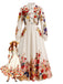 Abito maxi anni '70 beige con stampa floreale e collo alto e maniche a lanterna