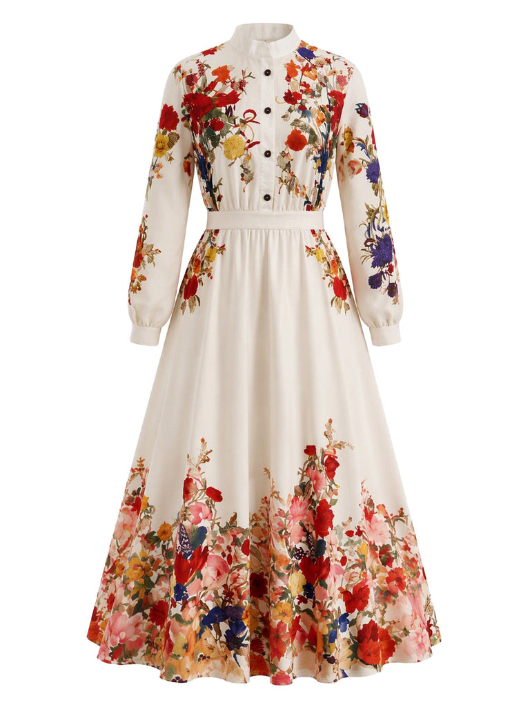 Abito maxi anni '70 beige con stampa floreale e collo alto e maniche a lanterna 2