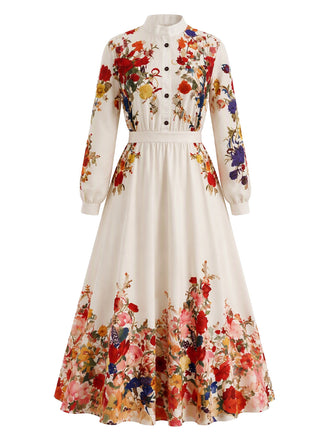 Abito maxi anni '70 beige con stampa floreale e collo alto e maniche a lanterna 2