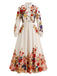 Abito maxi anni '70 beige con stampa floreale e collo alto e maniche a lanterna 2
