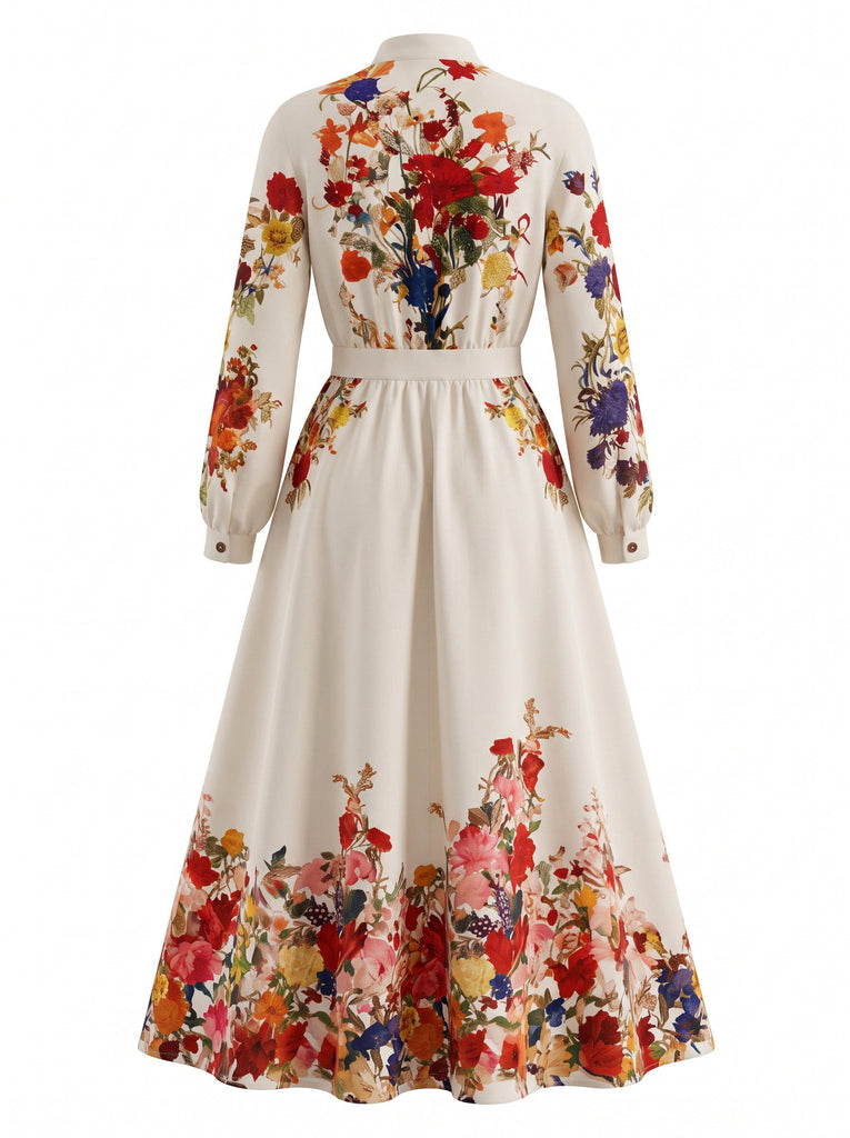 Abito maxi anni '70 beige con stampa floreale e collo alto e maniche a lanterna 3