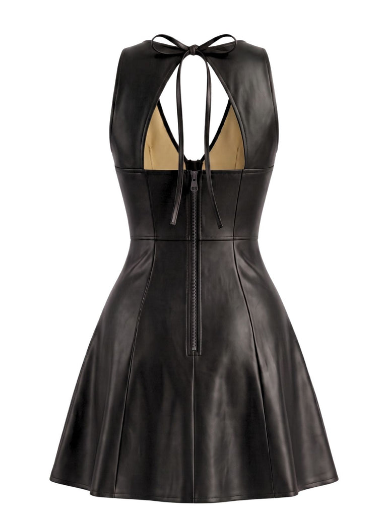 Abito Nero Anni '60 in Pelle PU con Scollo a V Schiena Aperta e Linea A 2