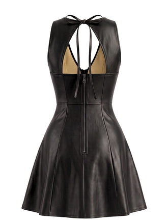 Abito Nero Anni '60 in Pelle PU con Scollo a V Schiena Aperta e Linea A 2