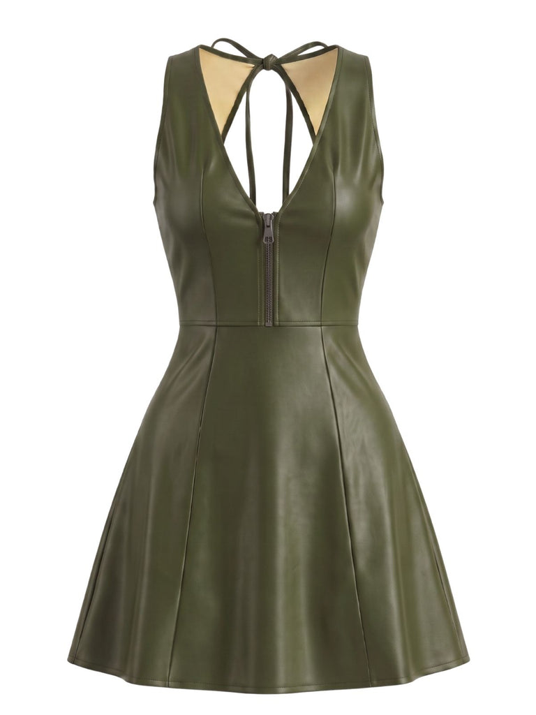 Abito Nero Anni '60 in Pelle PU con Scollo a V Schiena Aperta e Linea A 5