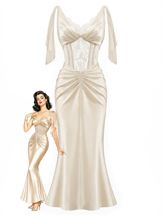 [Prevendita] Camisola maxi anni '30 color champagne in raso con corsetto in pizzo e perle