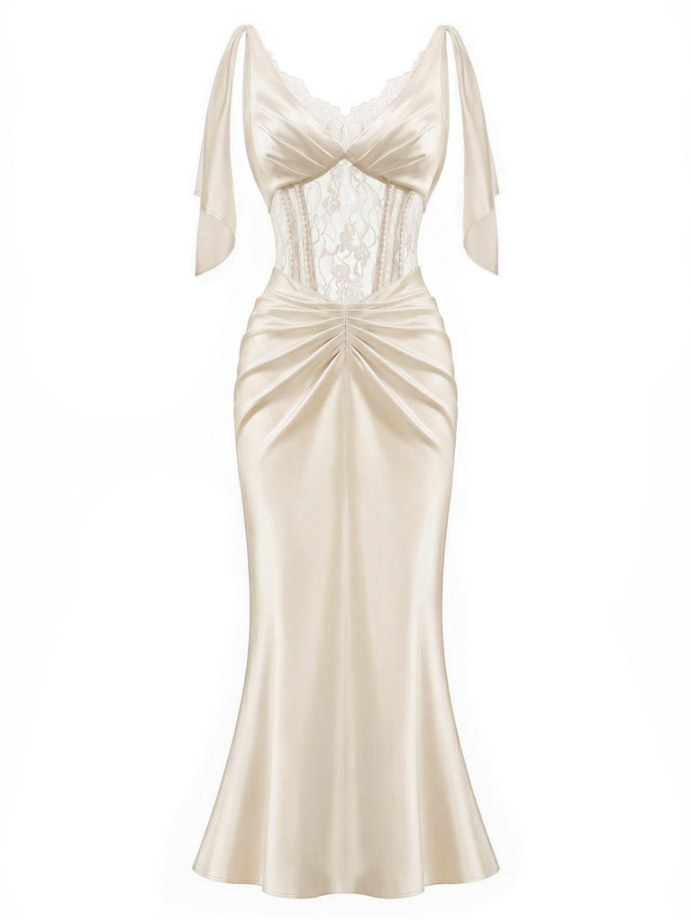 [Prevendita] Camisola maxi anni '30 color champagne in raso con corsetto in pizzo e perle 2