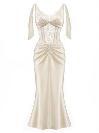 [Prevendita] Camisola maxi anni '30 color champagne in raso con corsetto in pizzo e perle 2
