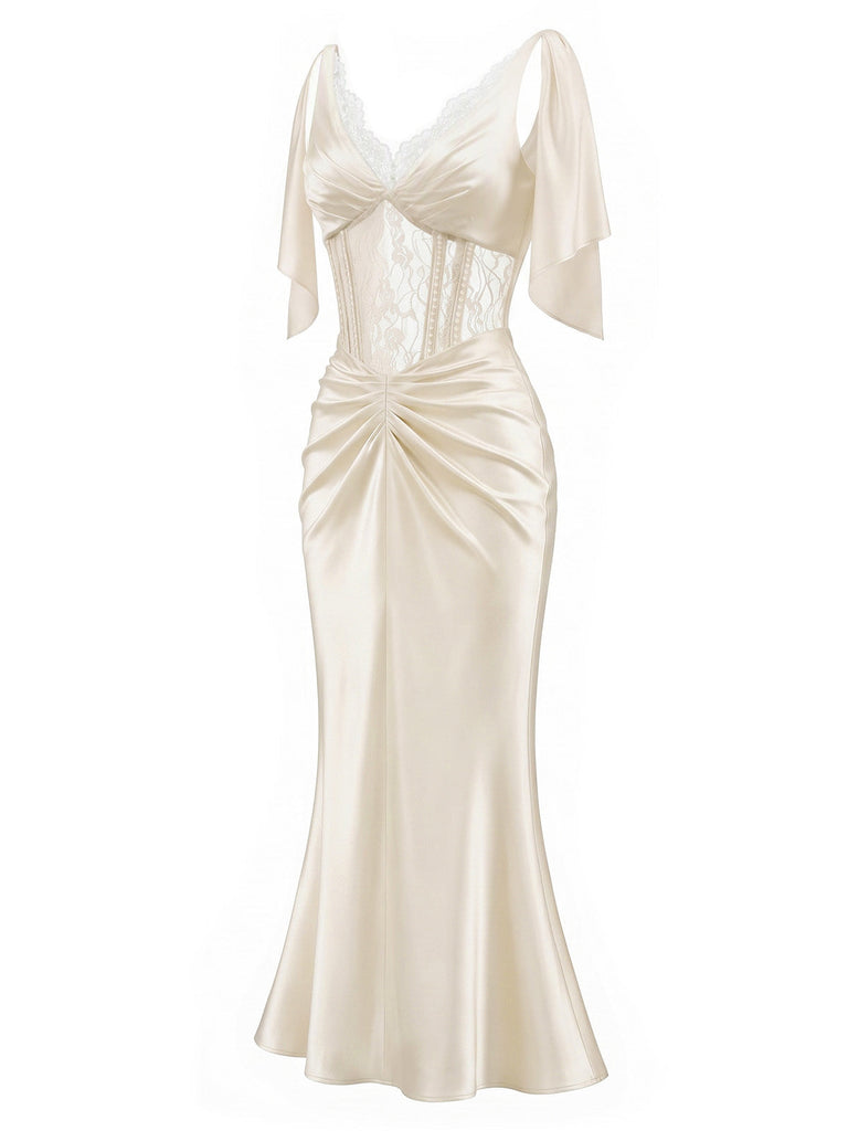 [Prevendita] Camisola maxi anni '30 color champagne in raso con corsetto in pizzo e perle 3