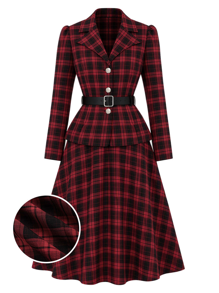 [Prevendita] 2PCS Camicetta e Gonna Rosso e Nero Anni '50 a Quadri con Colletto con Revers e Cintura