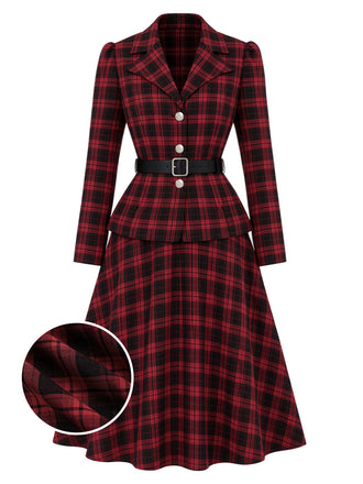[Prevendita] 2PCS Camicetta e Gonna Rosso e Nero Anni '50 a Quadri con Colletto con Revers e Cintura