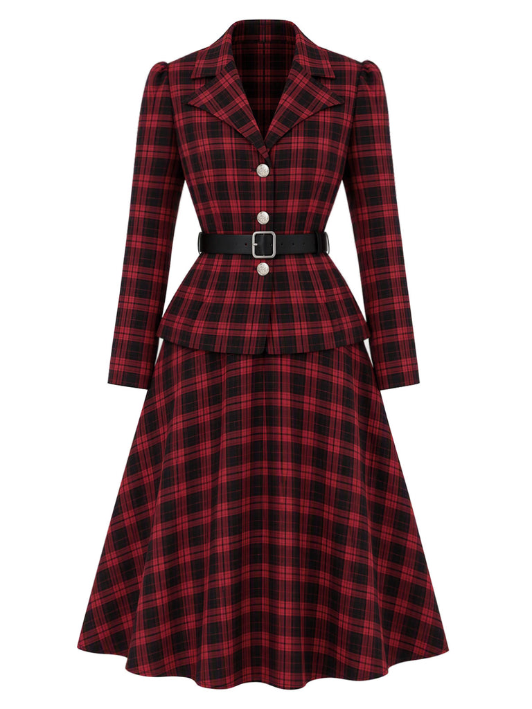 [Prevendita] 2PCS Camicetta e Gonna Rosso e Nero Anni '50 a Quadri con Colletto con Revers e Cintura 2
