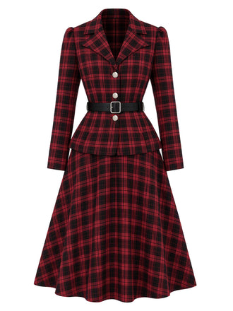 [Prevendita] 2PCS Camicetta e Gonna Rosso e Nero Anni '50 a Quadri con Colletto con Revers e Cintura 2