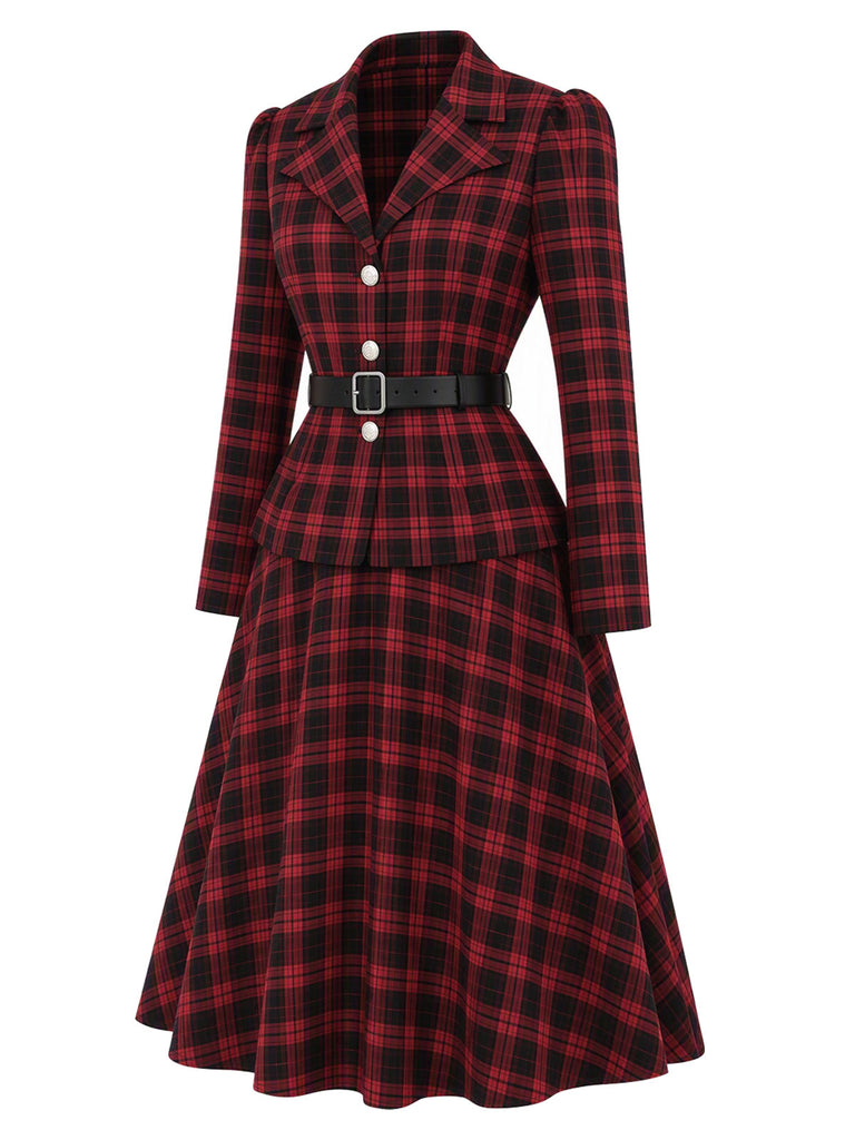 [Prevendita] 2PCS Camicetta e Gonna Rosso e Nero Anni '50 a Quadri con Colletto con Revers e Cintura 3