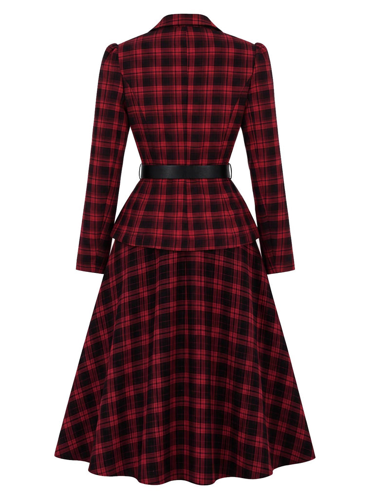 [Prevendita] 2PCS Camicetta e Gonna Rosso e Nero Anni '50 a Quadri con Colletto con Revers e Cintura 4