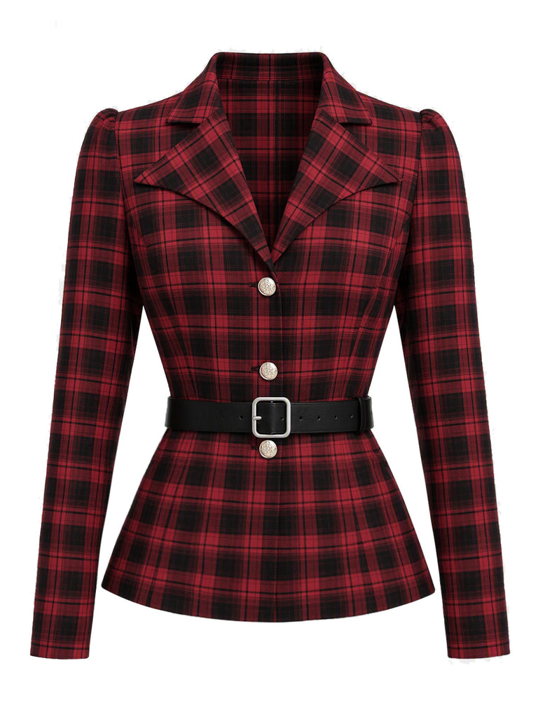 [Prevendita] 2PCS Camicetta e Gonna Rosso e Nero Anni '50 a Quadri con Colletto con Revers e Cintura 5