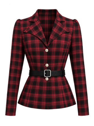 [Prevendita] 2PCS Camicetta e Gonna Rosso e Nero Anni '50 a Quadri con Colletto con Revers e Cintura 5