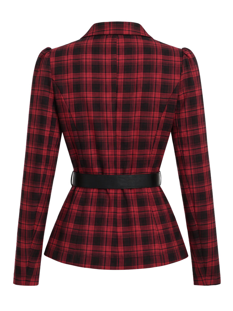 [Prevendita] 2PCS Camicetta e Gonna Rosso e Nero Anni '50 a Quadri con Colletto con Revers e Cintura 6