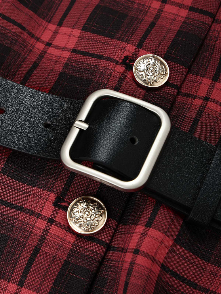 [Prevendita] 2PCS Camicetta e Gonna Rosso e Nero Anni '50 a Quadri con Colletto con Revers e Cintura 7