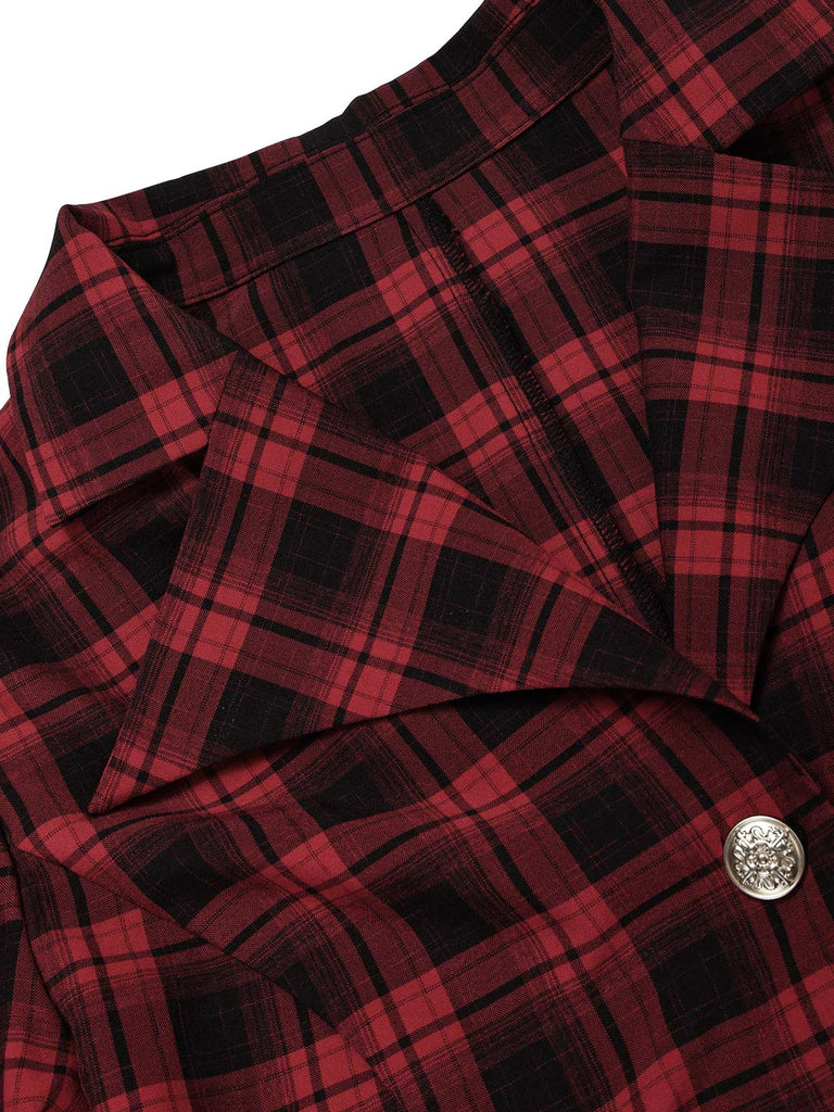 [Prevendita] 2PCS Camicetta e Gonna Rosso e Nero Anni '50 a Quadri con Colletto con Revers e Cintura 8