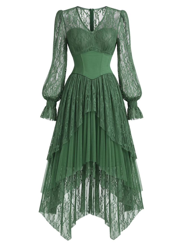 [Prevendita] Abito anni '70 verde lago con corsetto in pizzo e strati trasparenti e orlo asimmetrico 2