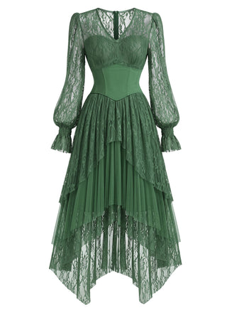 [Prevendita] Abito anni '70 verde lago con corsetto in pizzo e strati trasparenti e orlo asimmetrico 2
