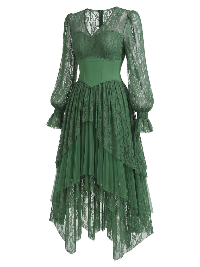 [Prevendita] Abito anni '70 verde lago con corsetto in pizzo e strati trasparenti e orlo asimmetrico 3