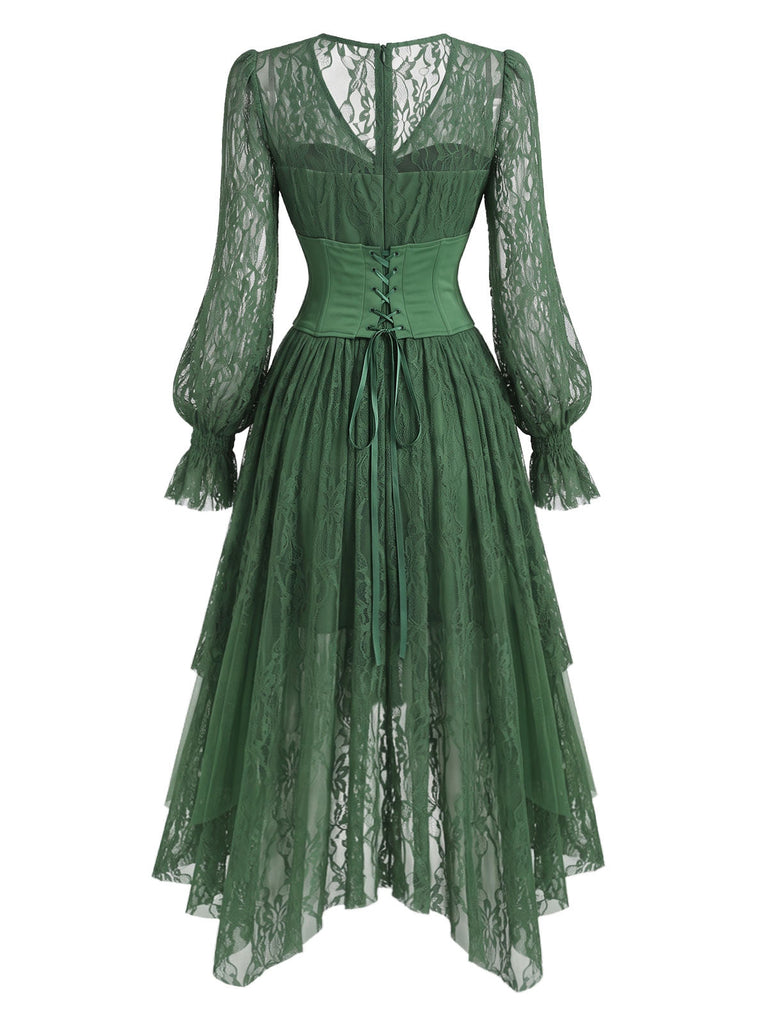 [Prevendita] Abito anni '70 verde lago con corsetto in pizzo e strati trasparenti e orlo asimmetrico 4