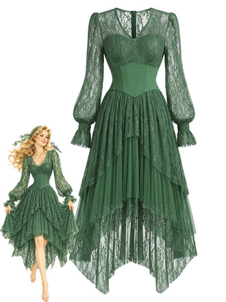[Prevendita] Abito anni '70 verde lago con corsetto in pizzo e strati trasparenti e orlo asimmetrico