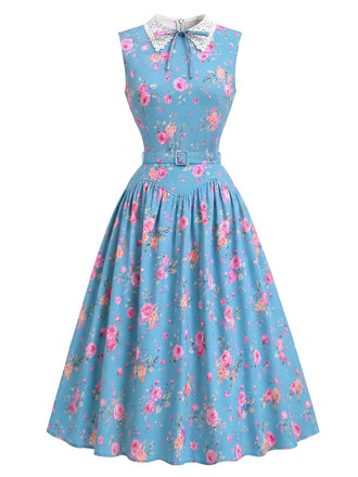 [Prevendita] Abito anni '50 blu con colletto in pizzo floreale e senza maniche e cintura 2