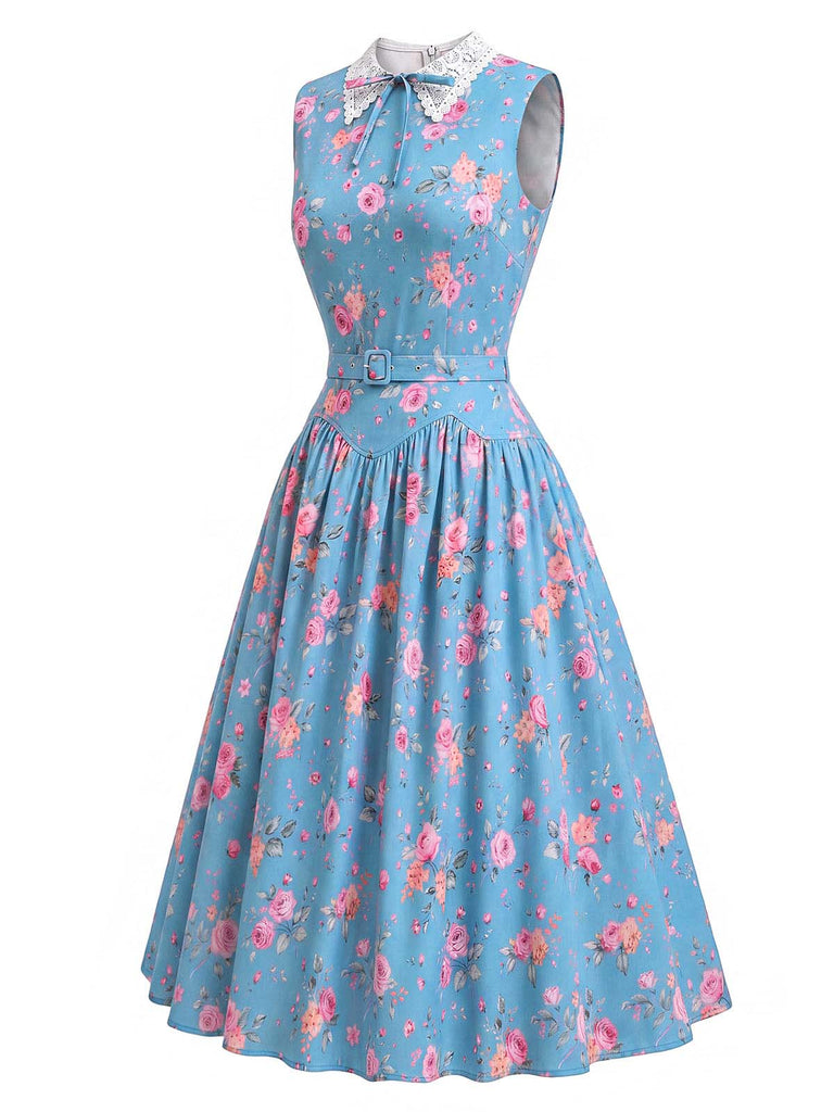 [Prevendita] Abito anni '50 blu con colletto in pizzo floreale e senza maniche e cintura 3
