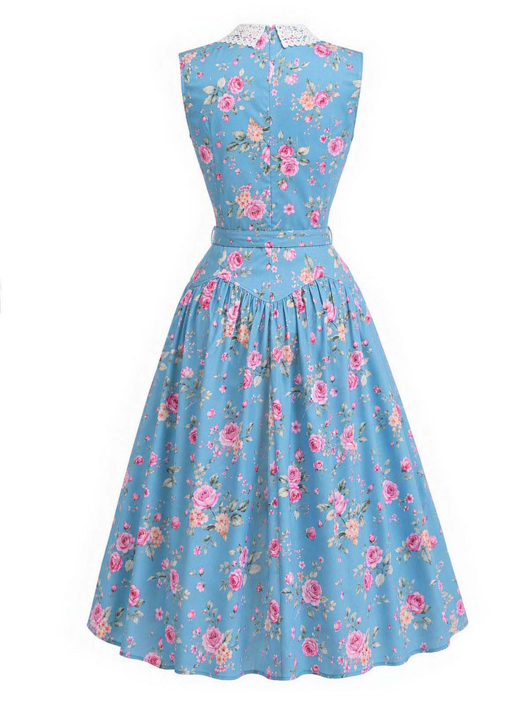 [Prevendita] Abito anni '50 blu con colletto in pizzo floreale e senza maniche e cintura 4