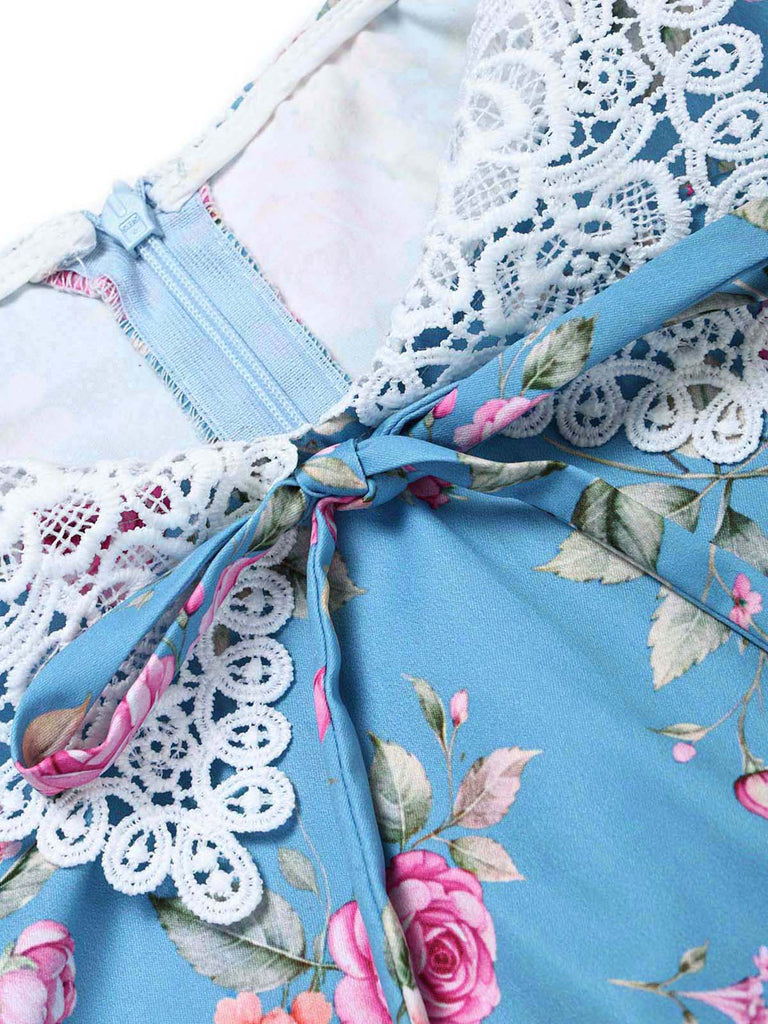 [Prevendita] Abito anni '50 blu con colletto in pizzo floreale e senza maniche e cintura 6