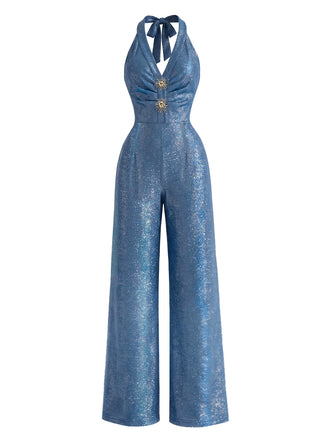 [Prevendita] Tuta Lunga Blu Anni '70 Scintillante con Scollo All'americana a V Bottoni a Sole e Gamba Larga 2