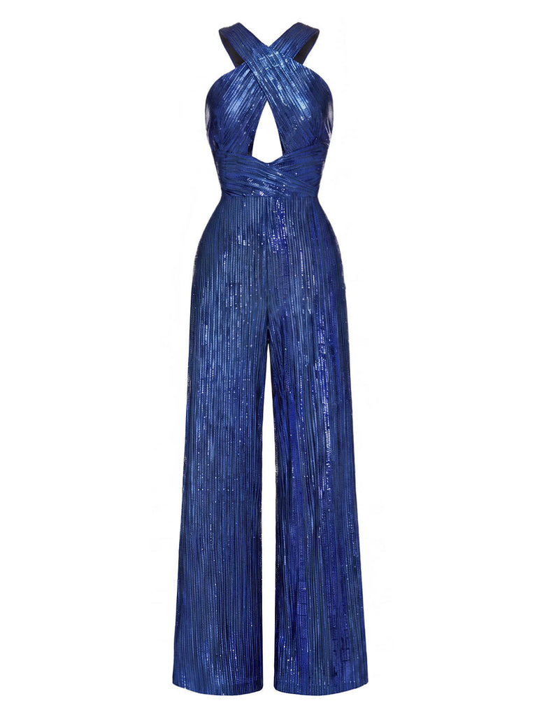 [Prevendita] Tuta Lunga Blu Anni '70 con Perline Paillettes Intreccio Aperture e Gamba Larga 2