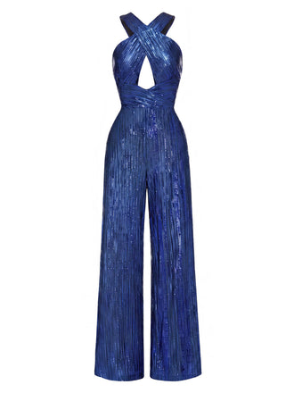 [Prevendita] Tuta Lunga Blu Anni '70 con Perline Paillettes Intreccio Aperture e Gamba Larga 2