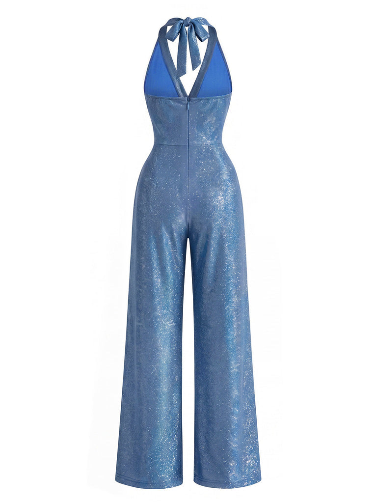 [Prevendita] Tuta Lunga Blu Anni '70 Scintillante con Scollo All'americana a V Bottoni a Sole e Gamba Larga 4