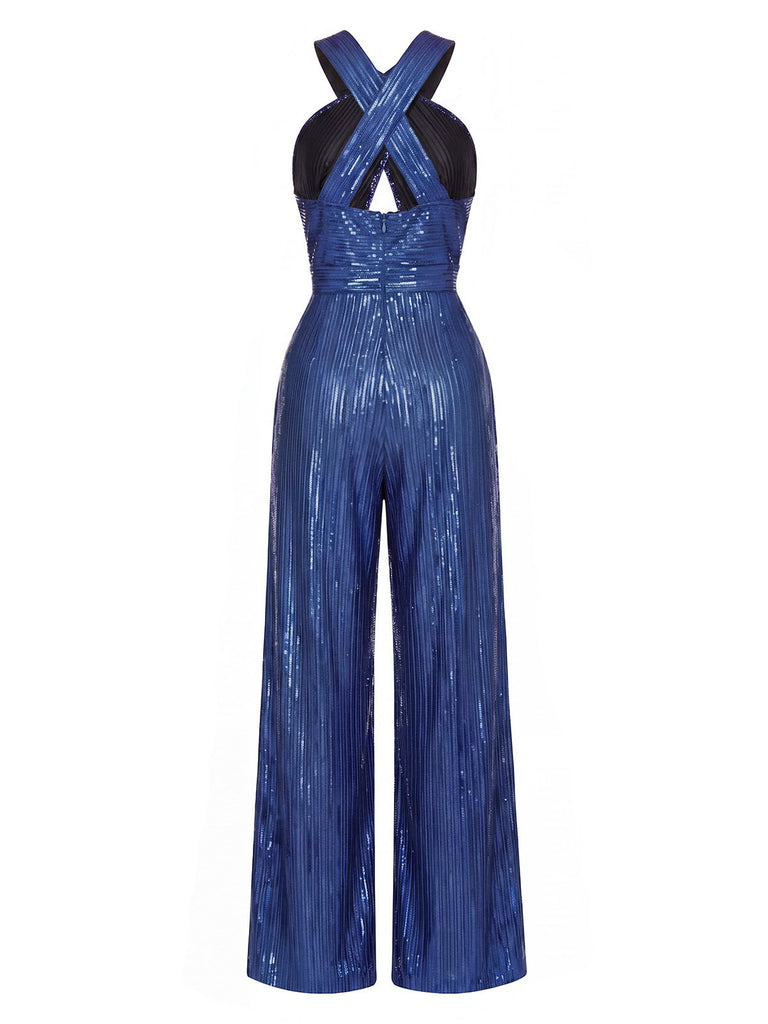 [Prevendita] Tuta Lunga Blu Anni '70 con Perline Paillettes Intreccio Aperture e Gamba Larga 4