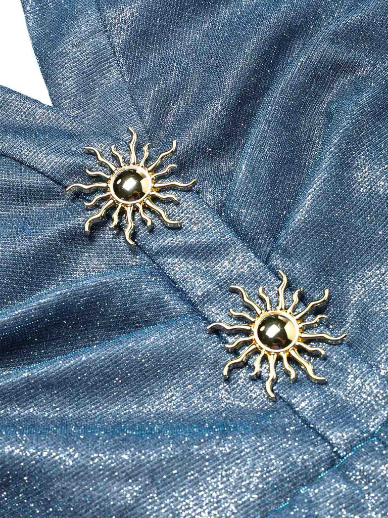 [Prevendita] Tuta Lunga Blu Anni '70 Scintillante con Scollo All'americana a V Bottoni a Sole e Gamba Larga 5