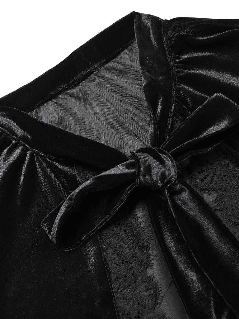 [Prevendita] Abito Nero Anni '30 a Sirena in Velluto Patchwork e Pizzo con Mantellina Volant 9