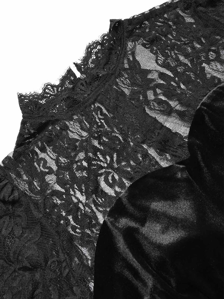 [Prevendita] Abito Nero Anni '30 a Sirena in Velluto Patchwork e Pizzo con Mantellina Volant 10